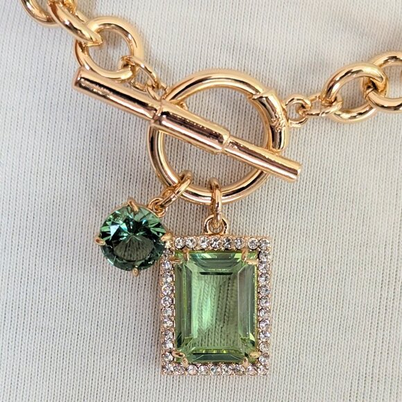 Ralph Lauren Light Green Crystal type stones on toggle w/ Gold Tone Necklace New - Picture 1 of 5